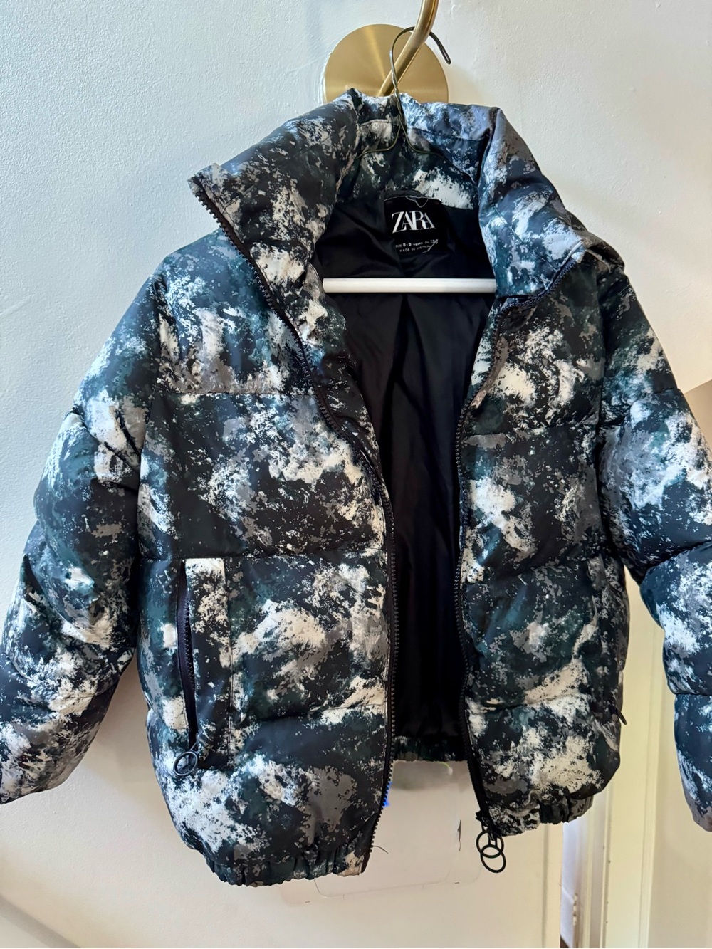 ZARA Kids Black & White Marble-Effect Puffer Jacket
